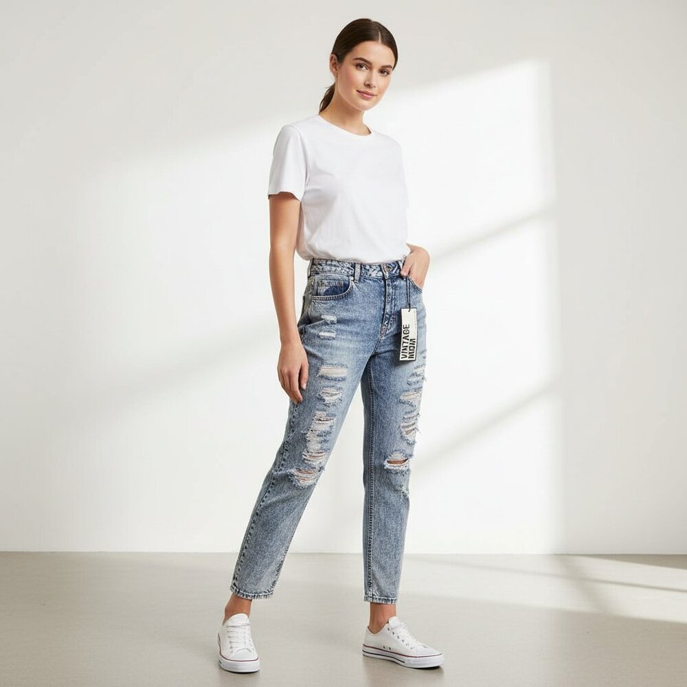 Acid Wash Mom Jeans Womens 9 Distressed High Rise Relaxed Denim Pants